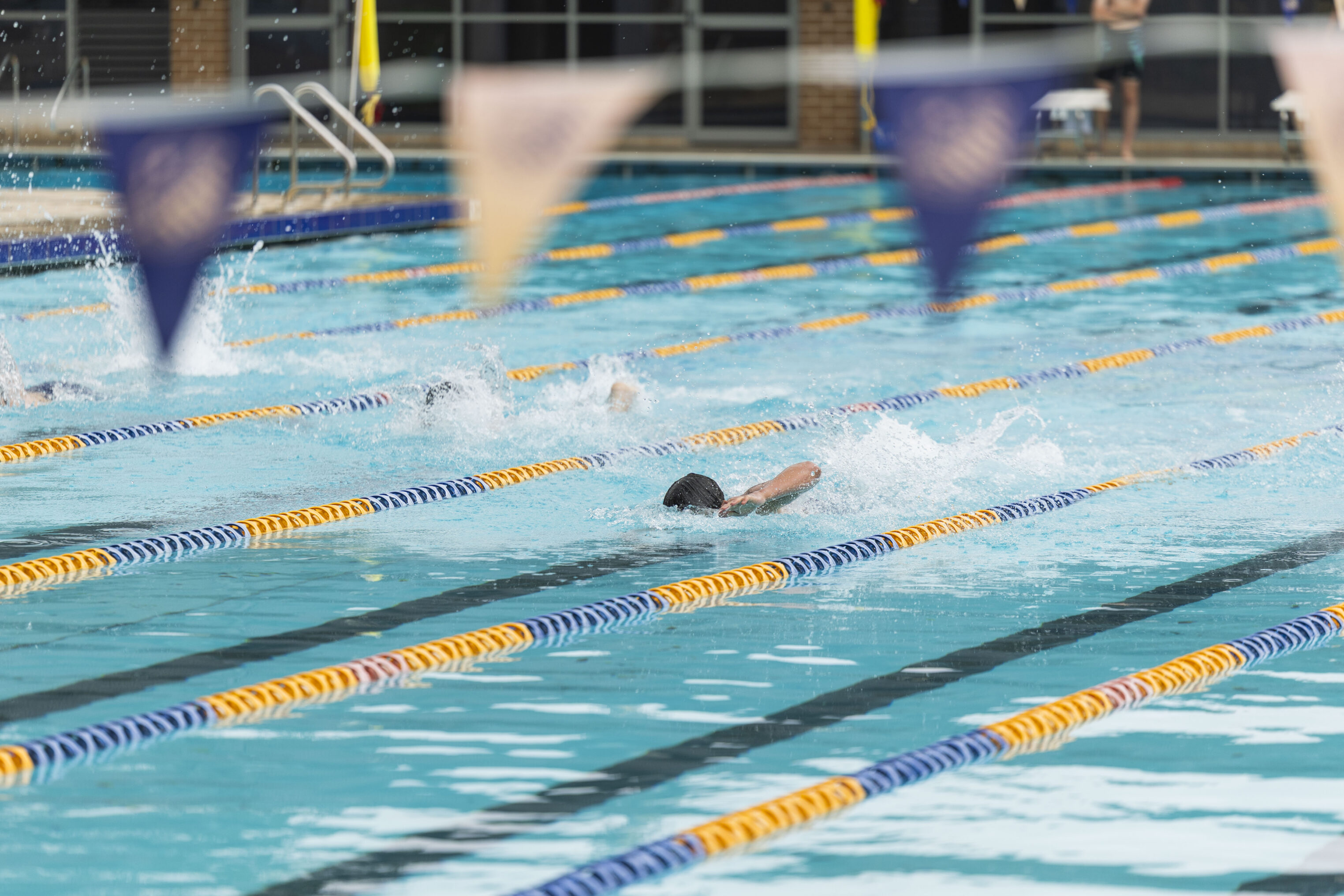 Swimmers compete in an outdoor swimming pool, racing in separate lanes with blue and yellow lane dividers. Water splashes around them as they swim front crawl. Triangular flags hang above the pool.